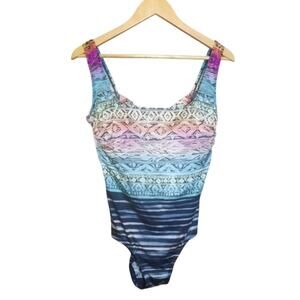 Longitude Womens Aztec and Stripe Print One Piece Swimsuit Size 12